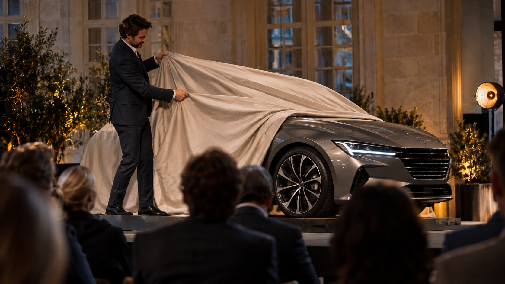 Un présentateur retire un drap pour dévoiler une voiture devant les invités d’un lancement de produit.